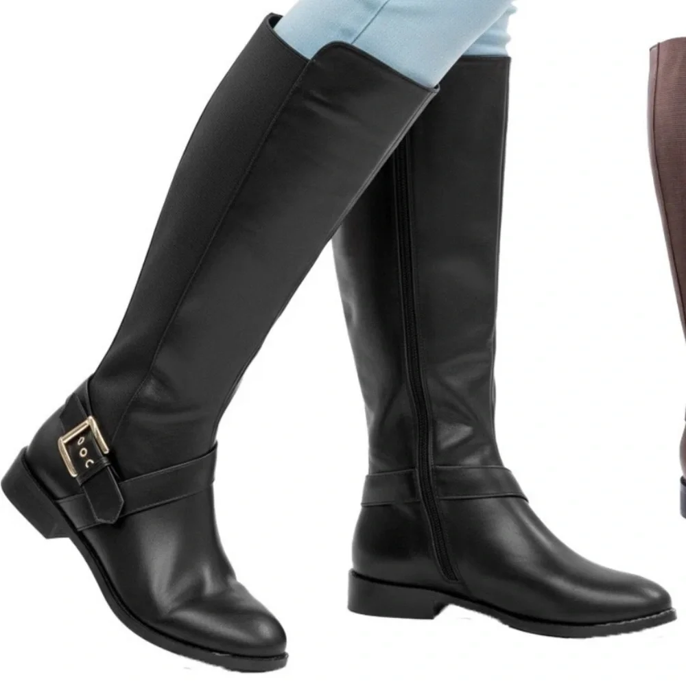 Liz Claiborne Black Leather Nicole Buckle Knee-High Riding Boots Stretch Sz 8.5M
